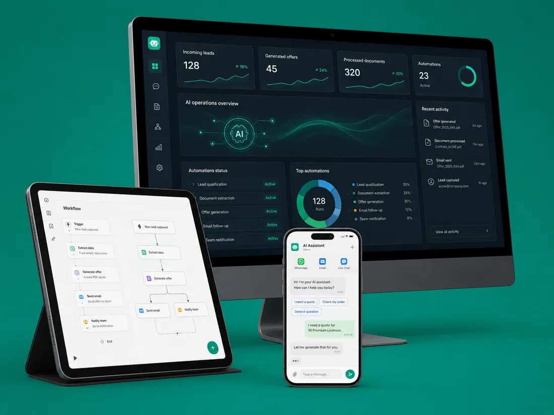 An AI assistant and automated workflows shown on multiple devices